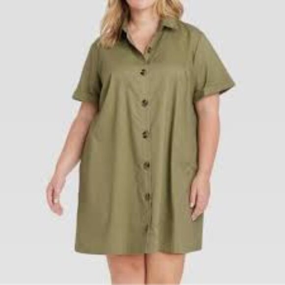 Who What Wear Olive Green Shift Shirt Dress Button Up Short Sleeve Large NWT - Picture 1 of 13